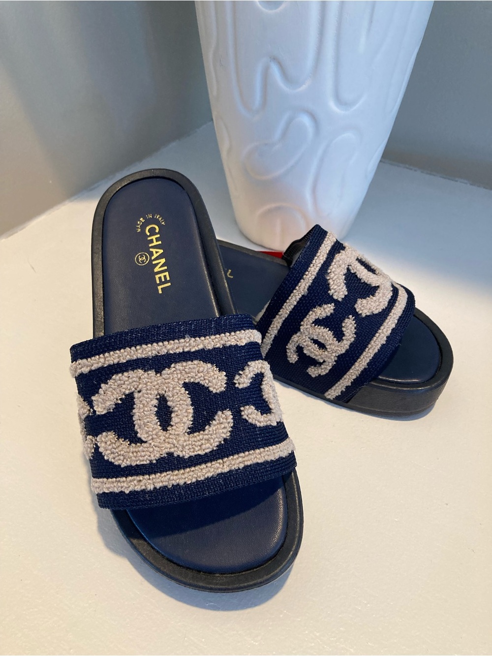 CHANEL Navy and Cream CC Slide Sandals NWT